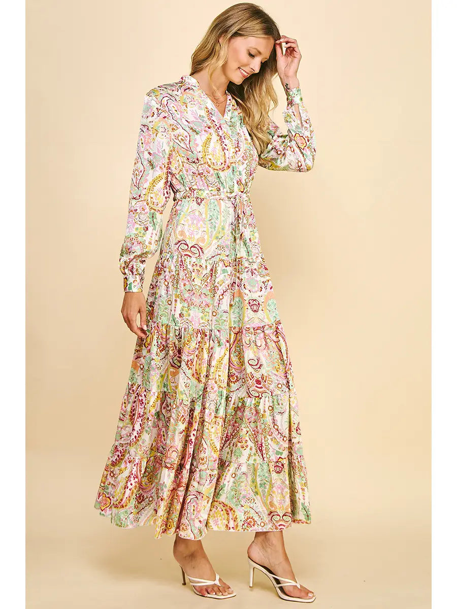 Paisley Print Tiered Maxi Dress - Pink Sage Multi