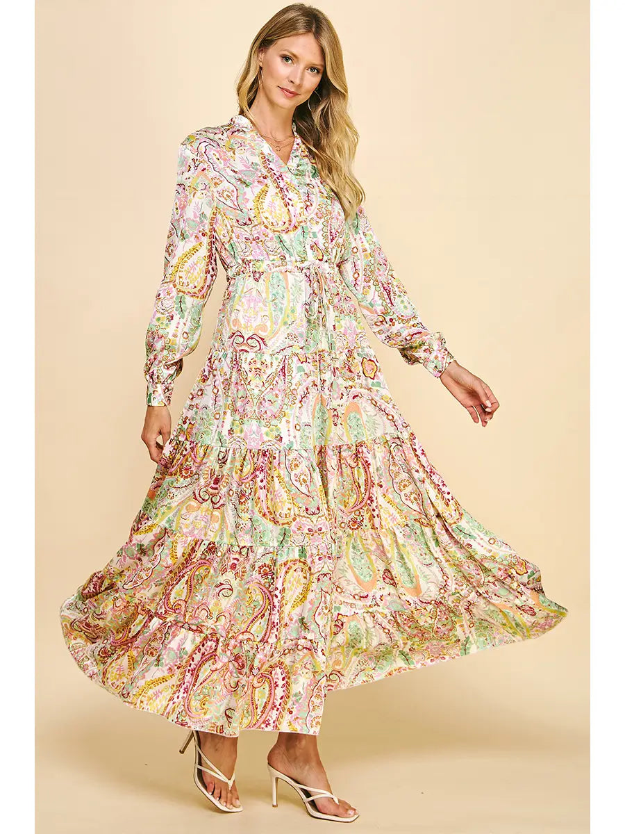Paisley Print Tiered Maxi Dress - Pink Sage Multi