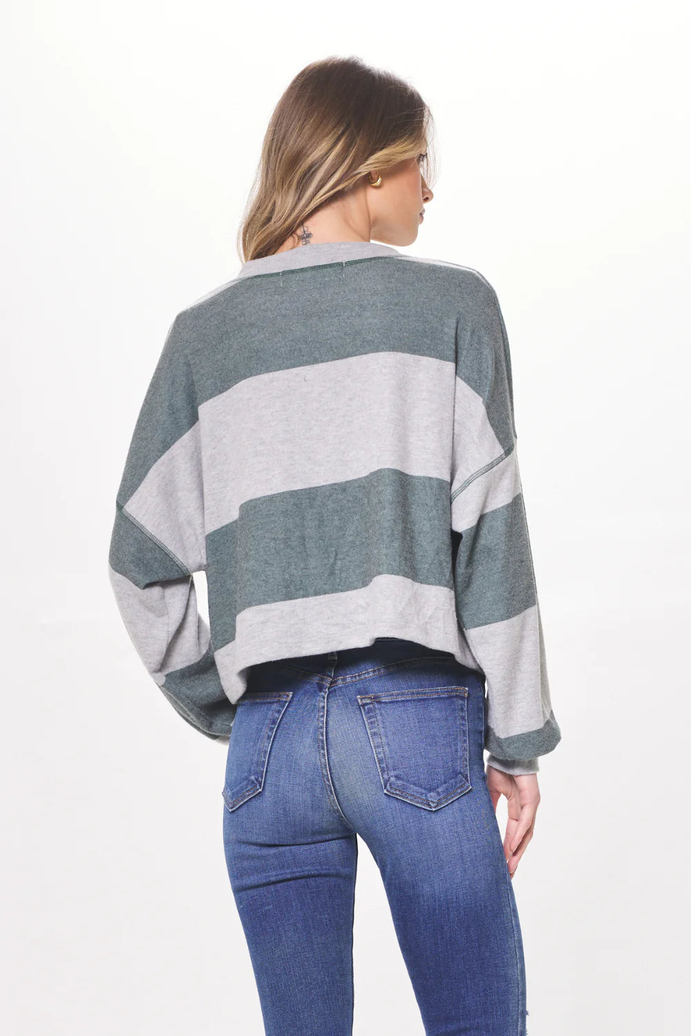 HEATHER GREY & HUNTER GREEN STRIPED RUGBY LONG SLEEVE TOP