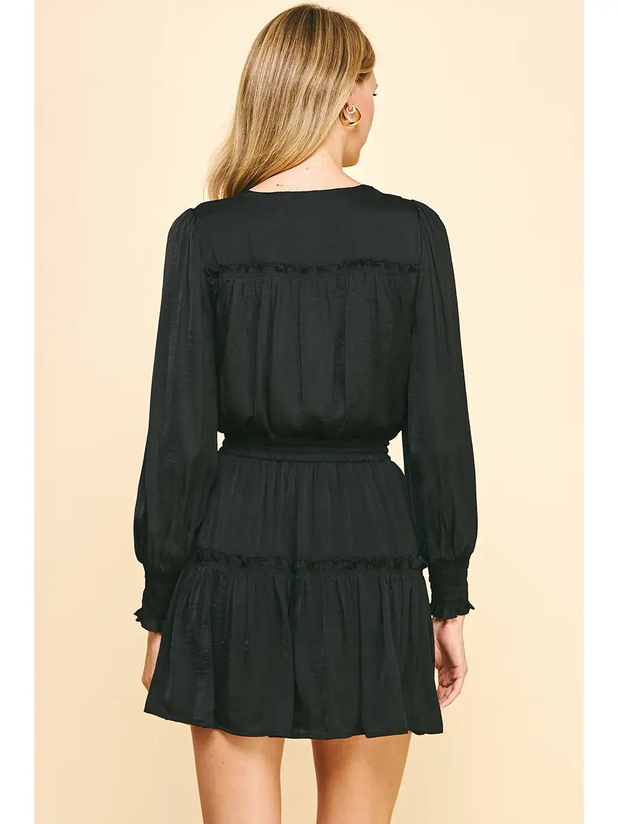 V-Neck Long Sleeve Mini Dress - Black