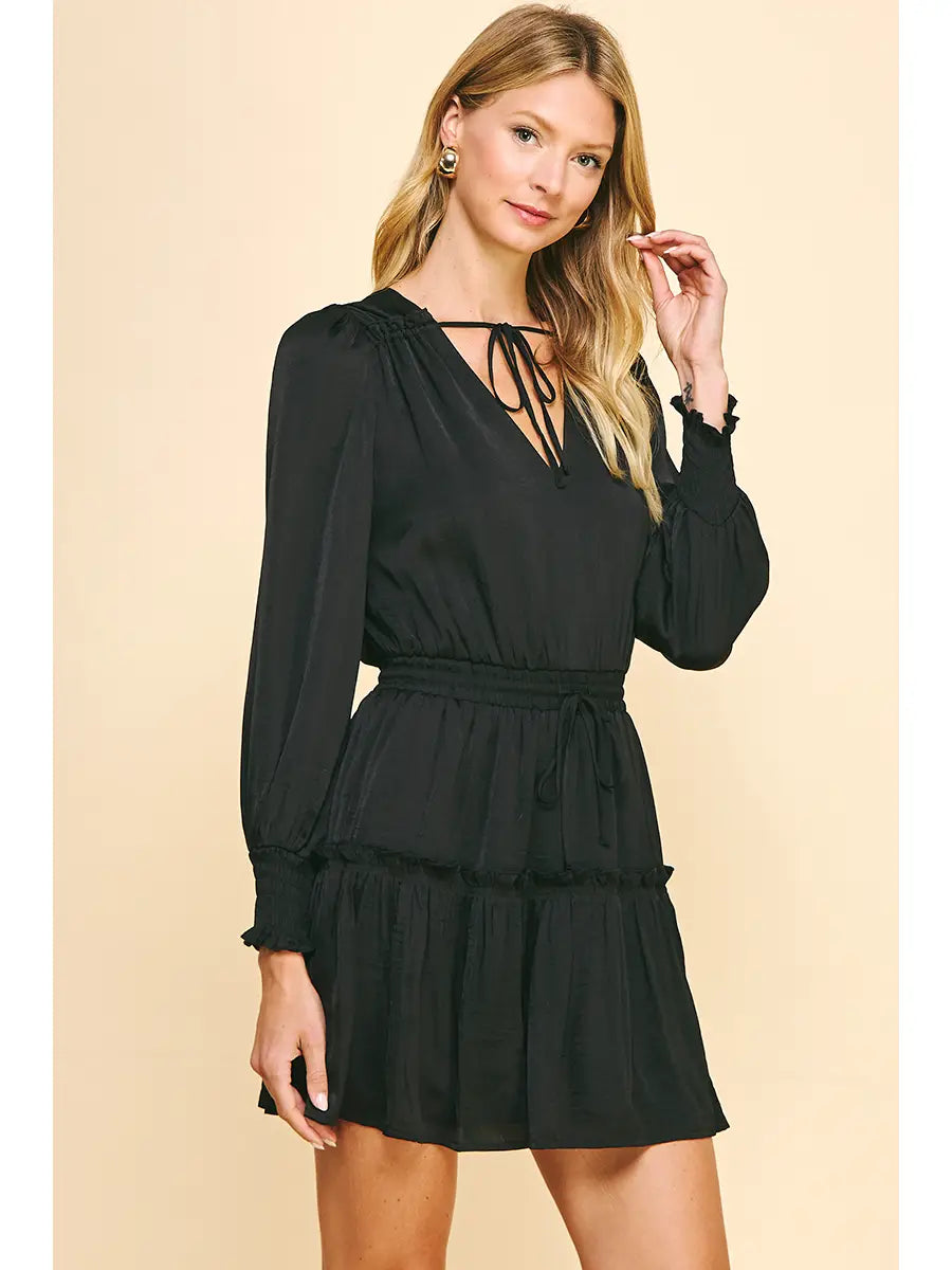 V-Neck Long Sleeve Mini Dress - Black
