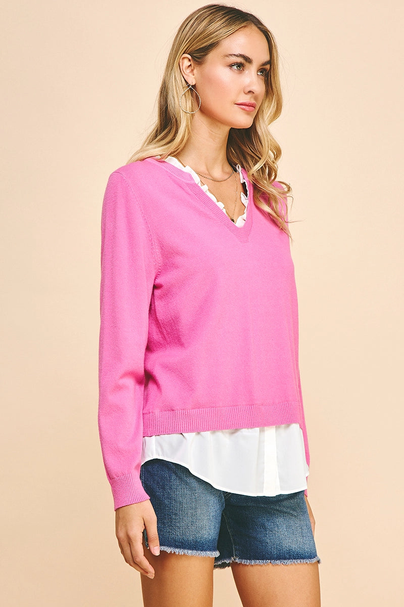 V-Neck Knit Woven Combo Top - Pink