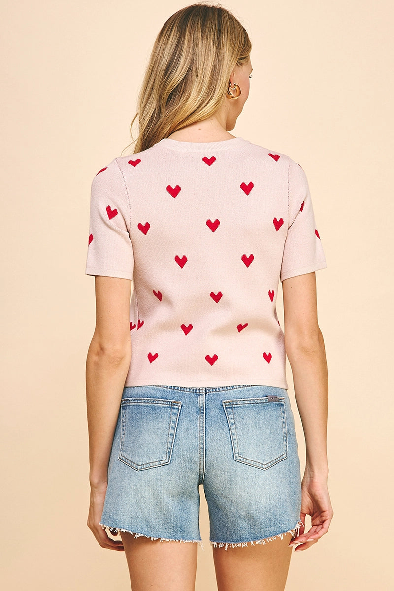 Heart Ss Sweater Top - Pink/Red