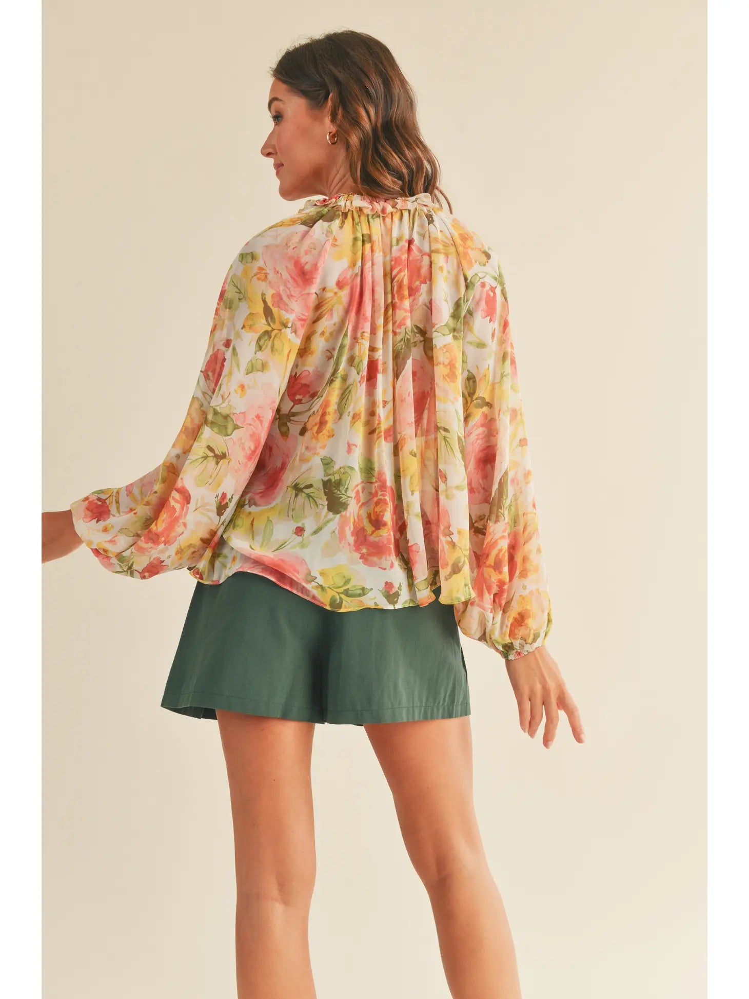 Flora Floral Flowy Sheer Button Up Long Sleeve Blouse