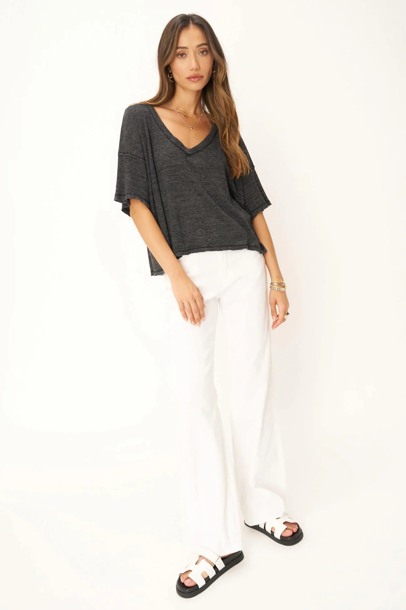 OH GIRL RAW V NECK TEXTURED TEE