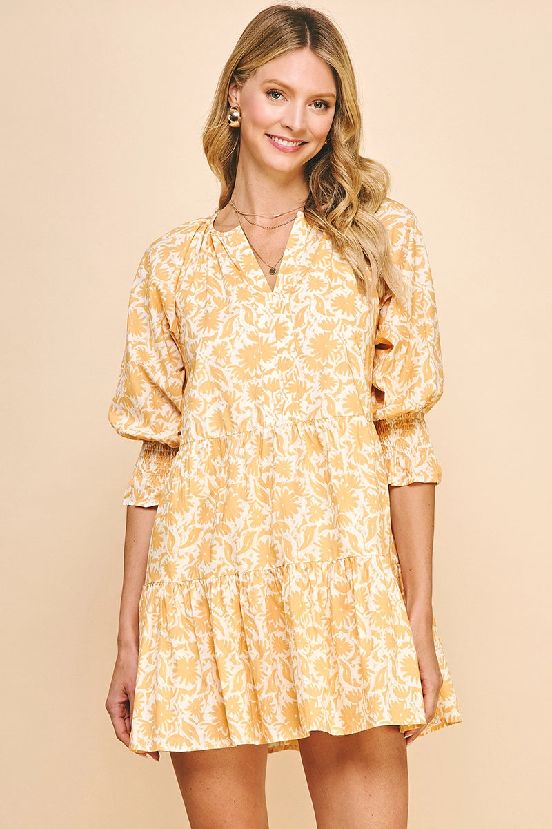 Print 3/4 Sleeves Mini Dress - Mustard