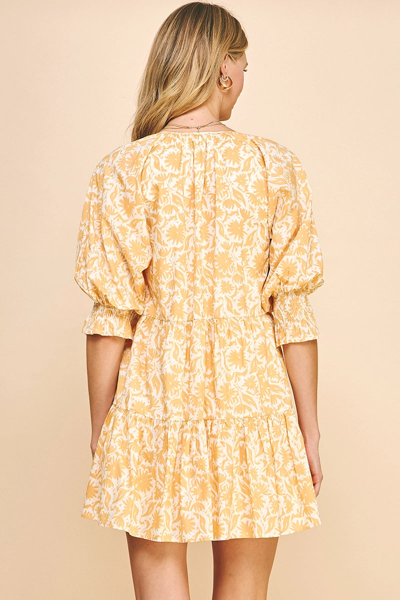 Print 3/4 Sleeves Mini Dress - Mustard