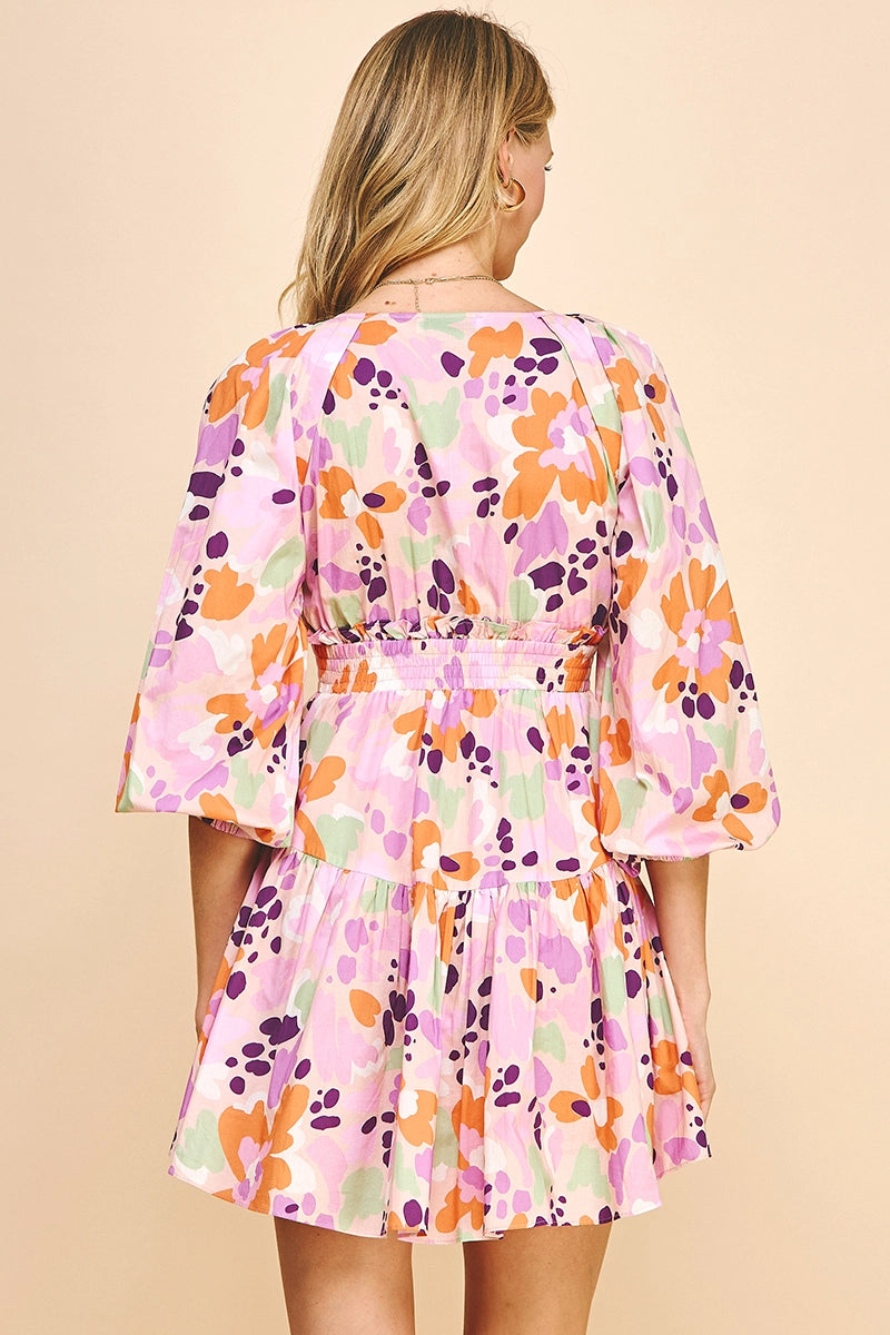 V-Neck Print Mini Dress - Pink Multi