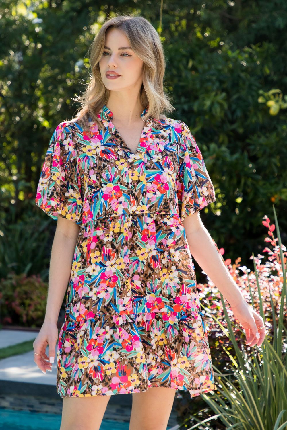 Puff Sleeve Multi Color Floral Dress
