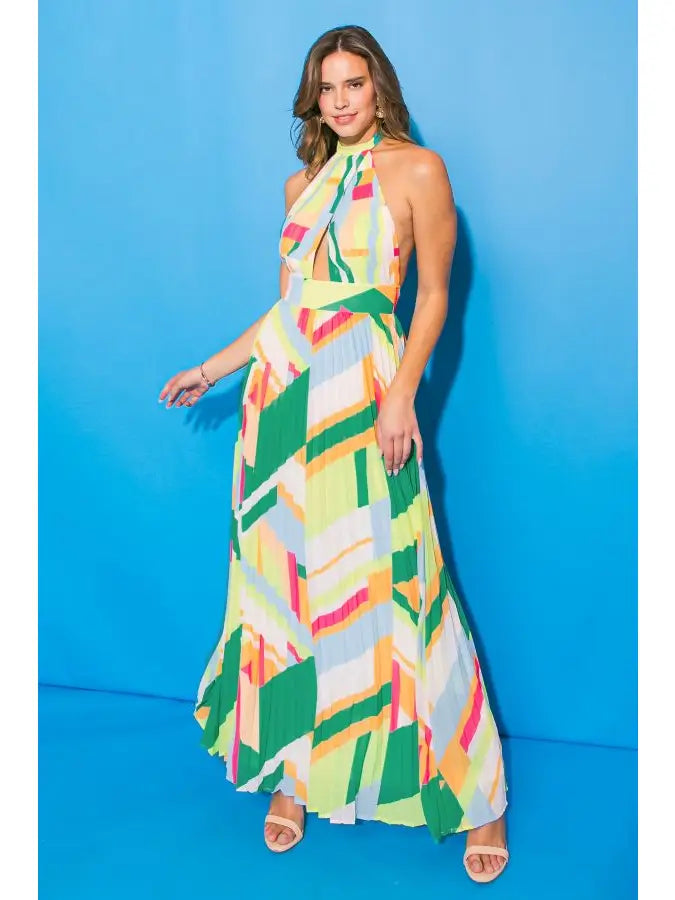 A Printed Woven Pleated Maxi Dress