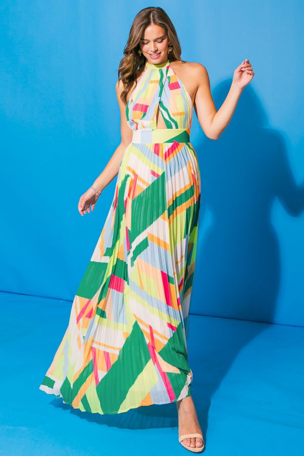 A Printed Woven Pleated Maxi Dress