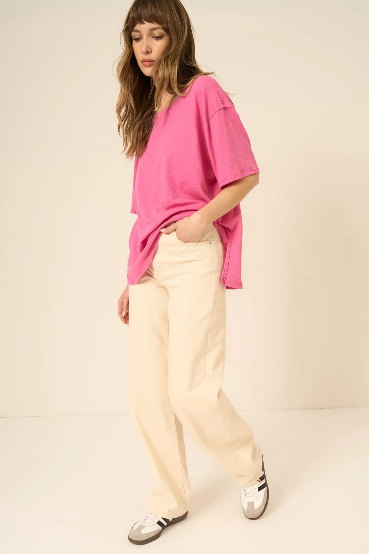 LOLA SHEER SIDE SLIT RELAXED TEE - LOVE POTION PINK