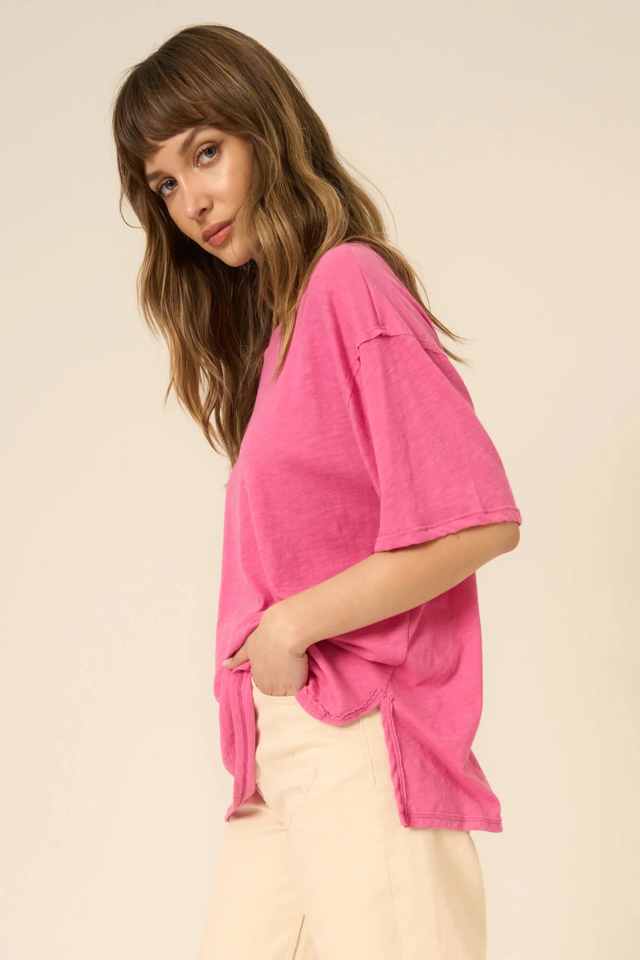 LOLA SHEER SIDE SLIT RELAXED TEE - LOVE POTION PINK