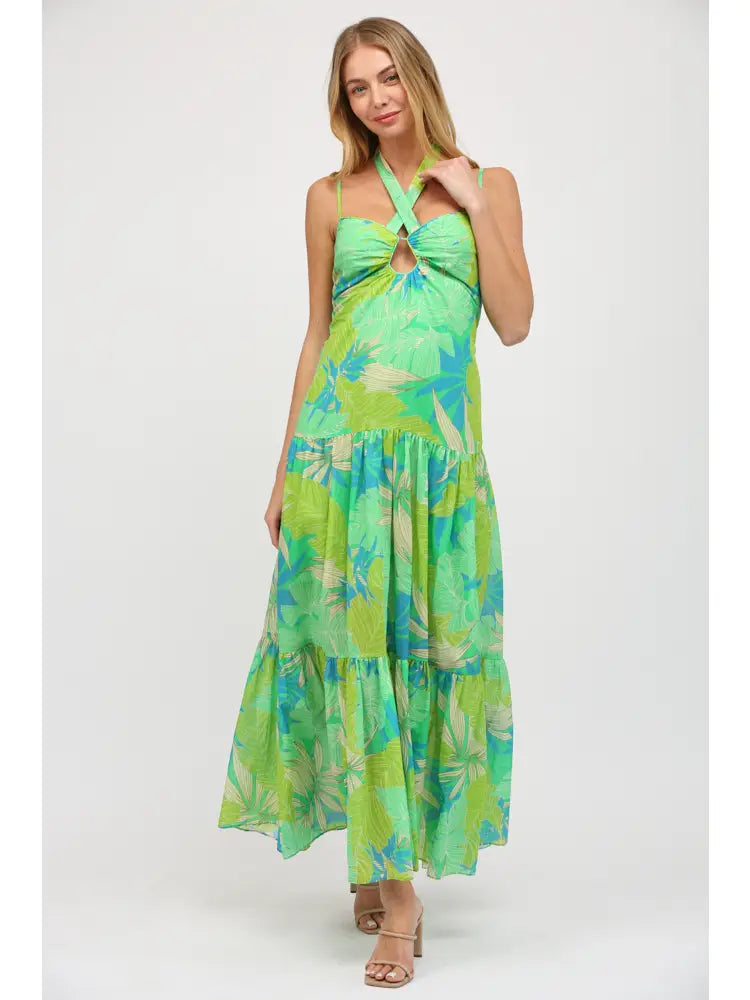 Tropical Leaf Print Front Key Hole Maxi Dress