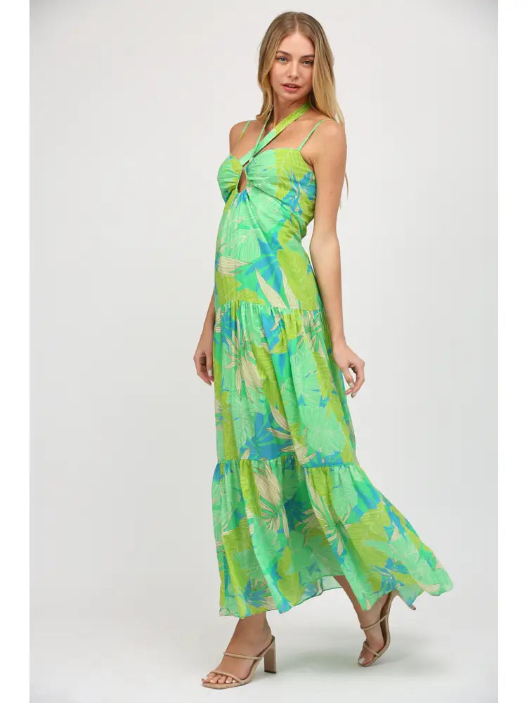 Tropical Leaf Print Front Key Hole Maxi Dress