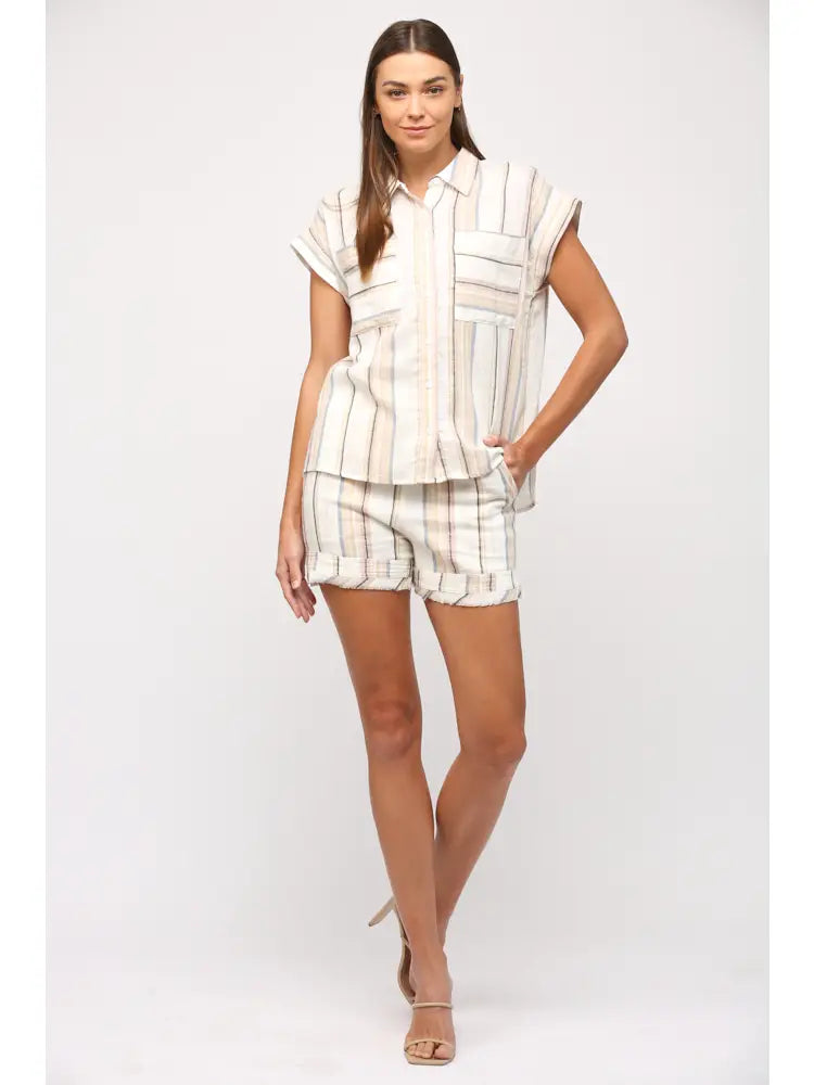 Stripe with Lurex Linen Blend Short Slv Shirt