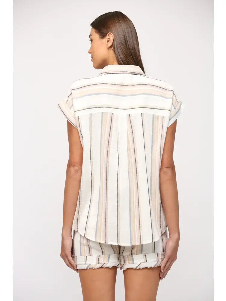 Stripe with Lurex Linen Blend Short Slv Shirt