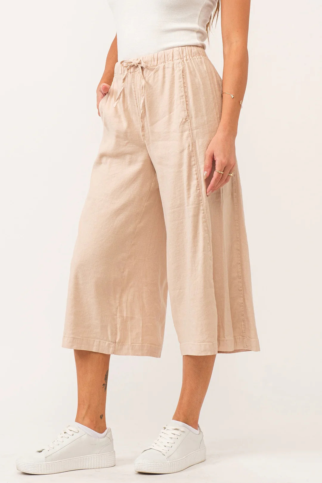 ELINA SUPER HIGH RISE CROPPED WIDE LEG PANTS PEACH FLASH LINEN