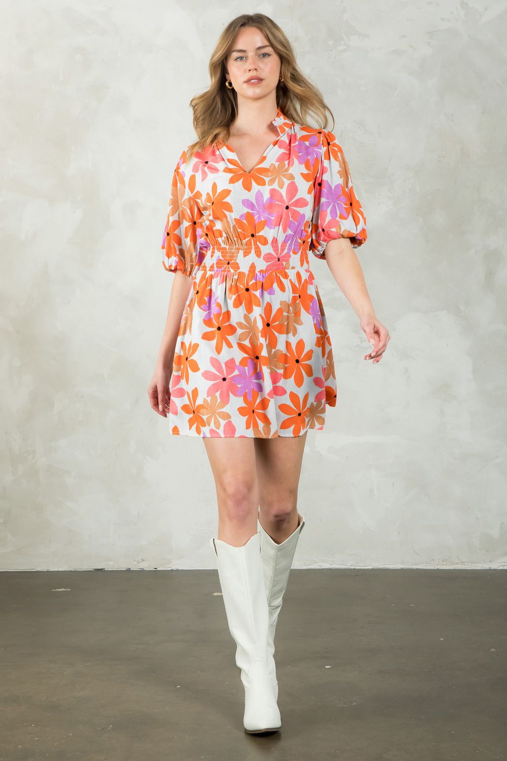 Puff Sleeve Flower Print Dress