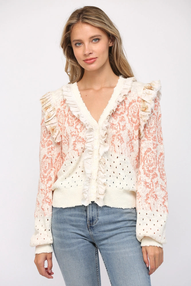 Ruffle Trimmed Front Button Closure Cardigan