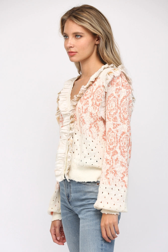 Ruffle Trimmed Front Button Closure Cardigan