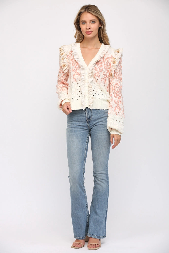 Ruffle Trimmed Front Button Closure Cardigan