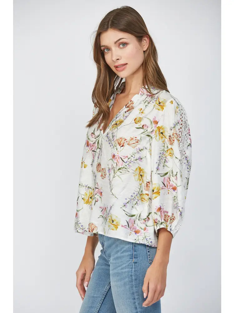 Floral Print Rayon Split Neck 3/4 Slv Top