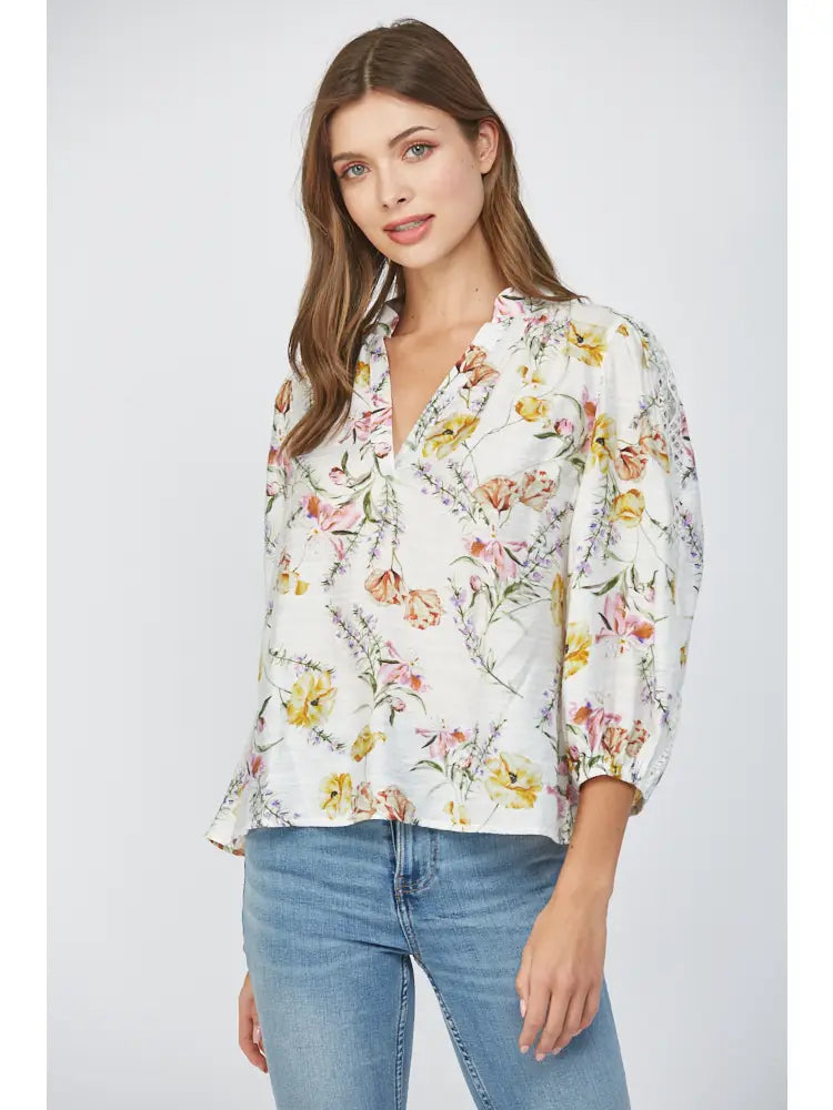 Floral Print Rayon Split Neck 3/4 Slv Top
