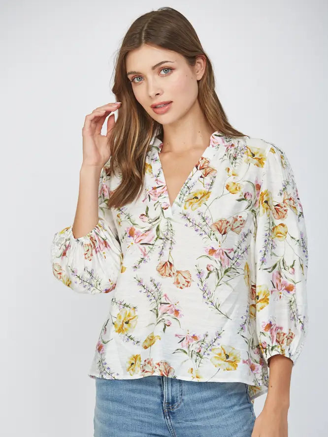 Floral Print Rayon Split Neck 3/4 Slv Top