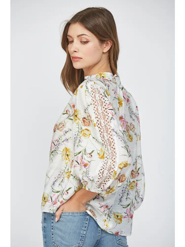 Floral Print Rayon Split Neck 3/4 Slv Top