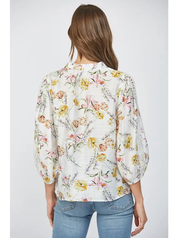 Floral Print Rayon Split Neck 3/4 Slv Top