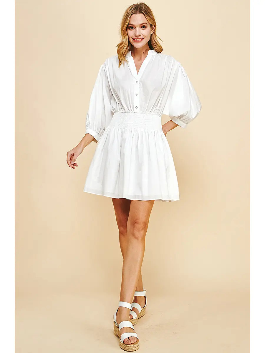 Pinch Mandarin Collar Smocked Mini Dress - Off White