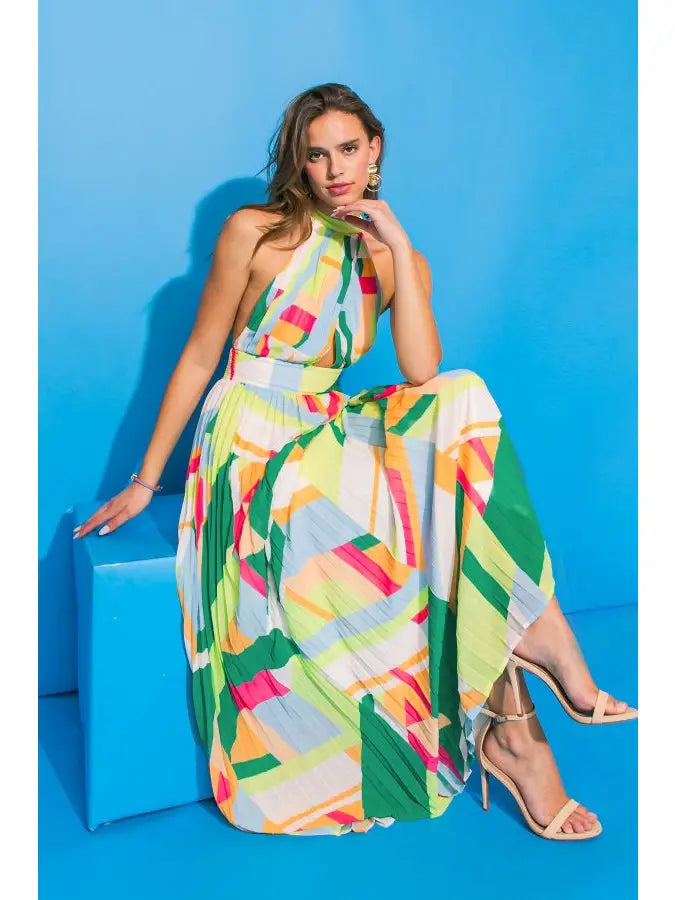 A printed woven pleated maxi dress