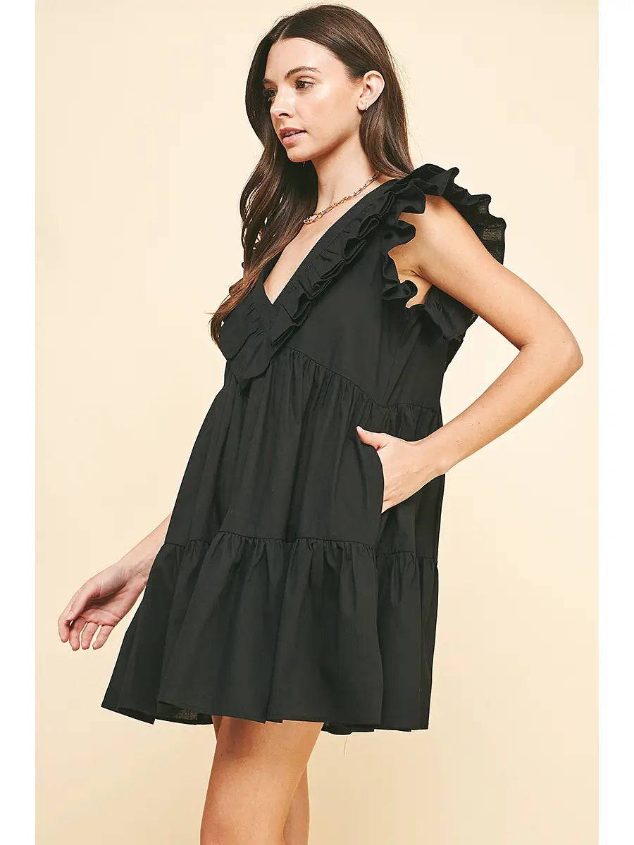 Pinch V-neck Ruffle Mini Dress - Black
