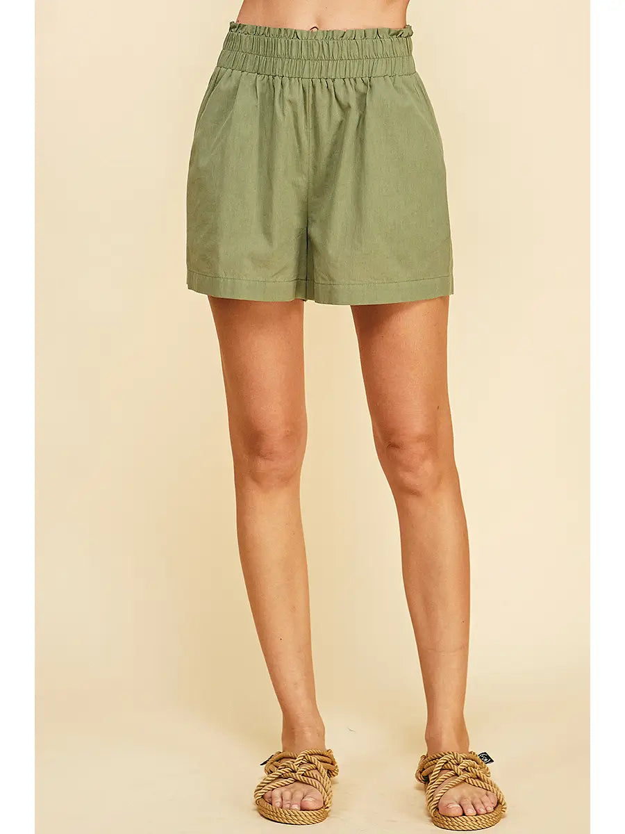 Pinch Waist Elastic Woven Shorts - Olive