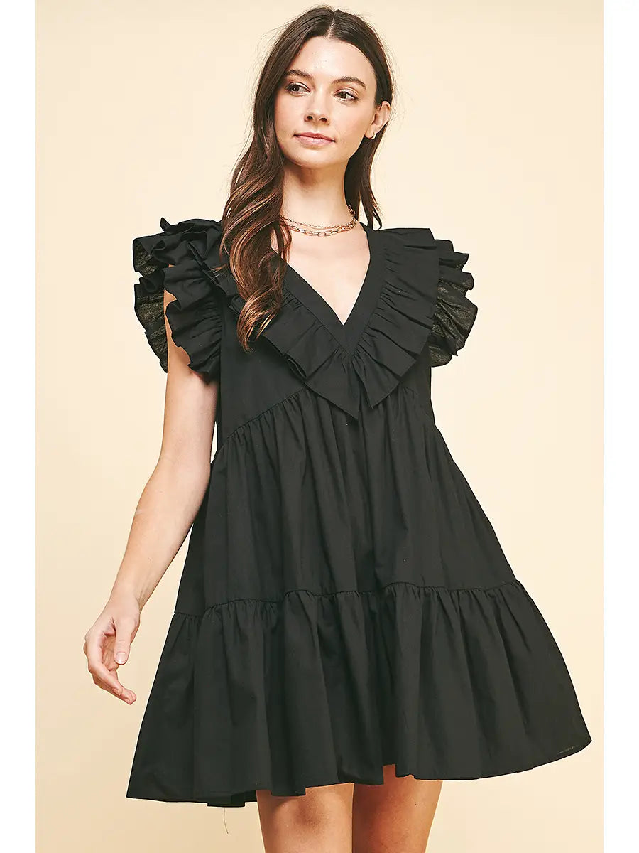 Pinch V-neck Ruffle Mini Dress - Black