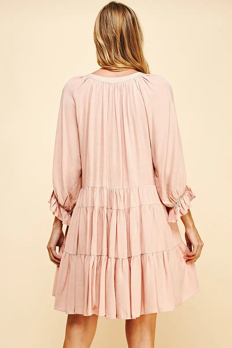 Pinch Deep V-neck Tiered Mini Dress - Dusty Pink