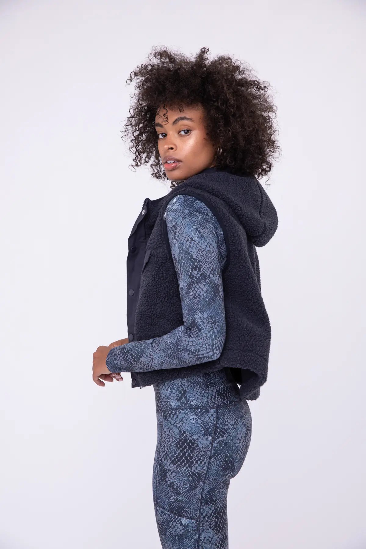 Mono B Sherpa Cropped Hoodie Vest with Flap Pocket